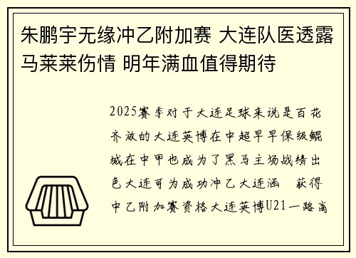 朱鹏宇无缘冲乙附加赛 大连队医透露马莱莱伤情 明年满血值得期待